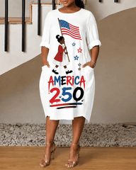 Ruby Bridges Celebrating The 250th Anniversary Round Neck Side Pockets & 3/4 Sleeves Midi Dress