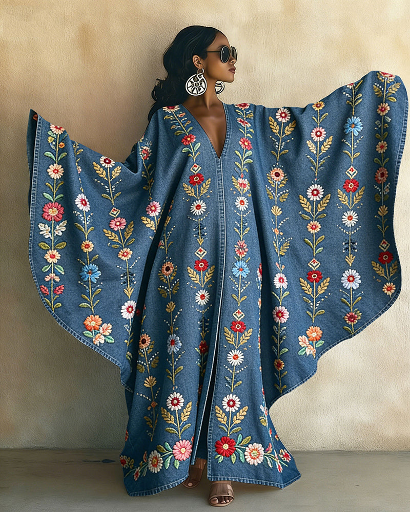 Simple Color-blocked Daisies V-neck Long Kaftan Dress