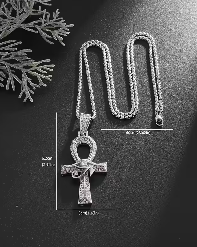 legant & Luxurious Golden-Tone Cubic Synthetic Zirconia Ankh Eye of Horus Pendant Necklace