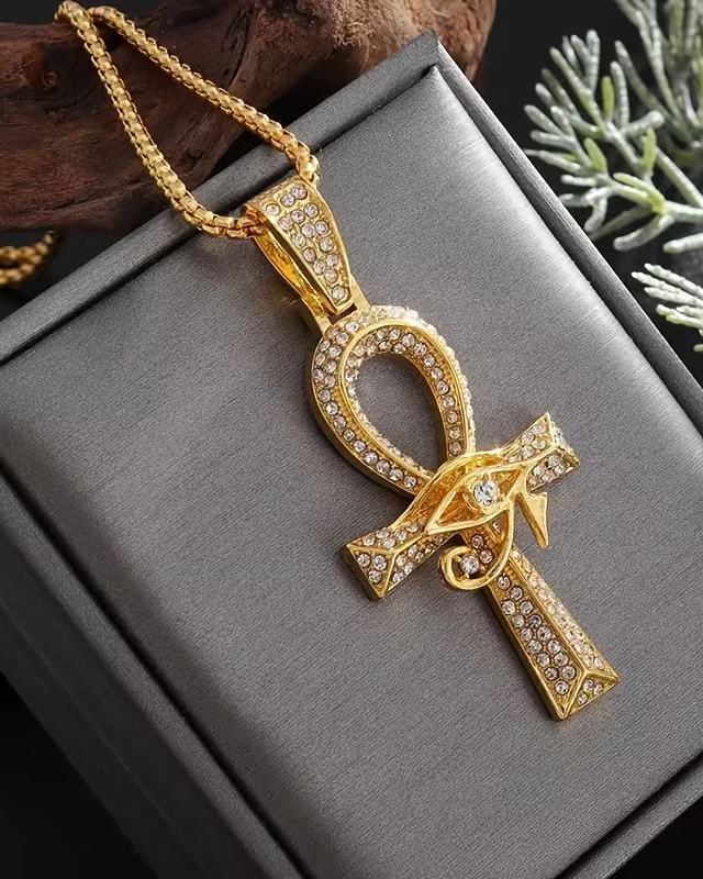 legant & Luxurious Golden-Tone Cubic Synthetic Zirconia Ankh Eye of Horus Pendant Necklace