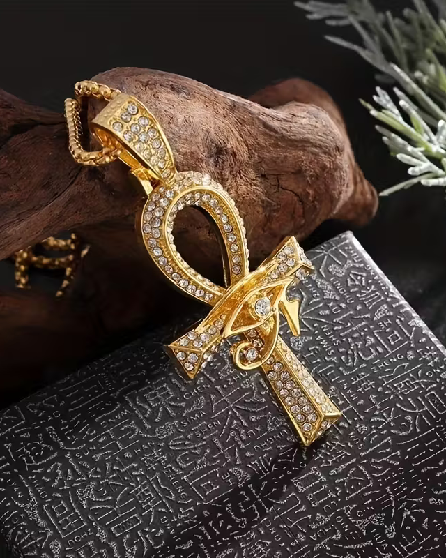 legant & Luxurious Golden-Tone Cubic Synthetic Zirconia Ankh Eye of Horus Pendant Necklace