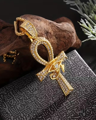 legant & Luxurious Golden-Tone Cubic Synthetic Zirconia Ankh Eye of Horus Pendant Necklace