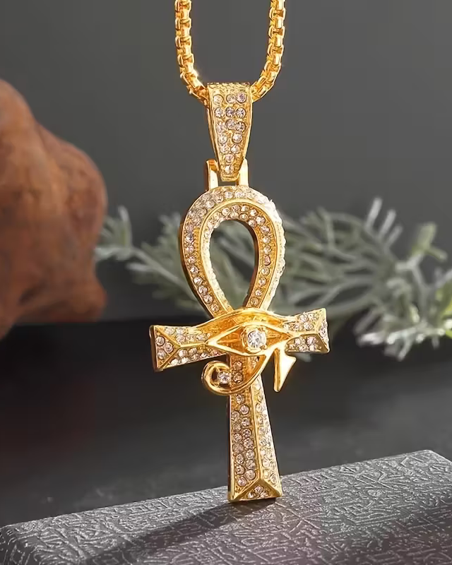 legant & Luxurious Golden-Tone Cubic Synthetic Zirconia Ankh Eye of Horus Pendant Necklace