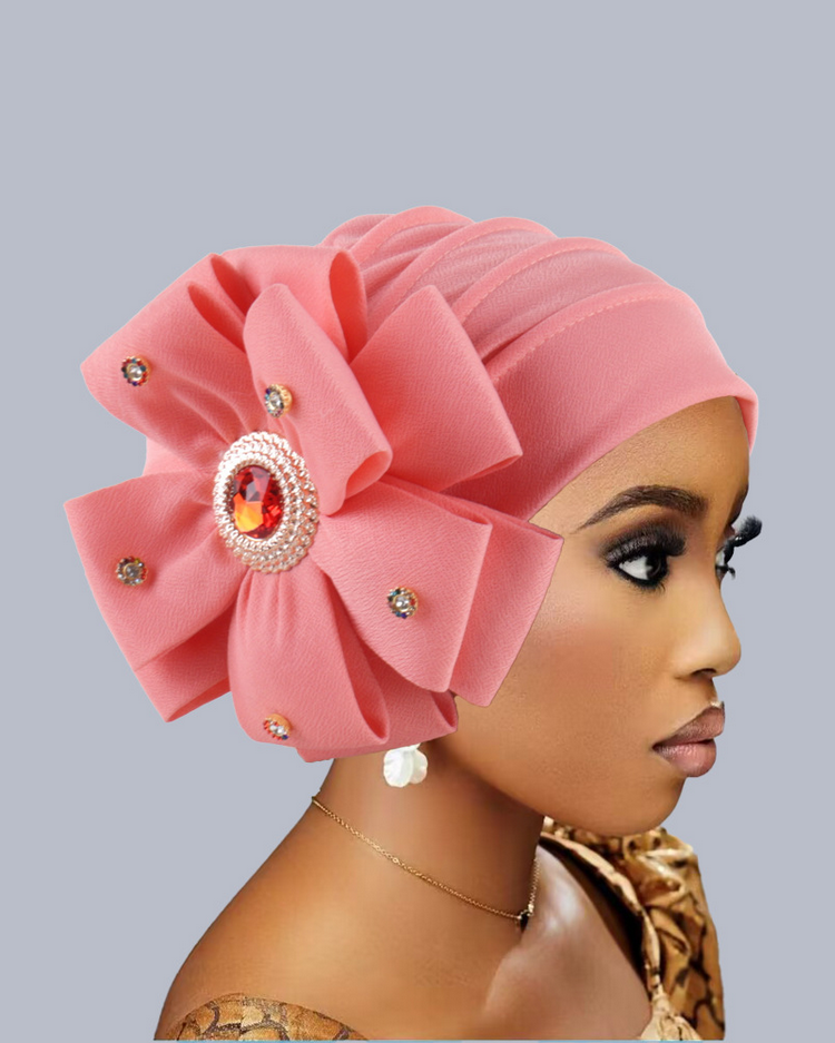Rhinestone-Embellished Oversized Floral Turban Hat