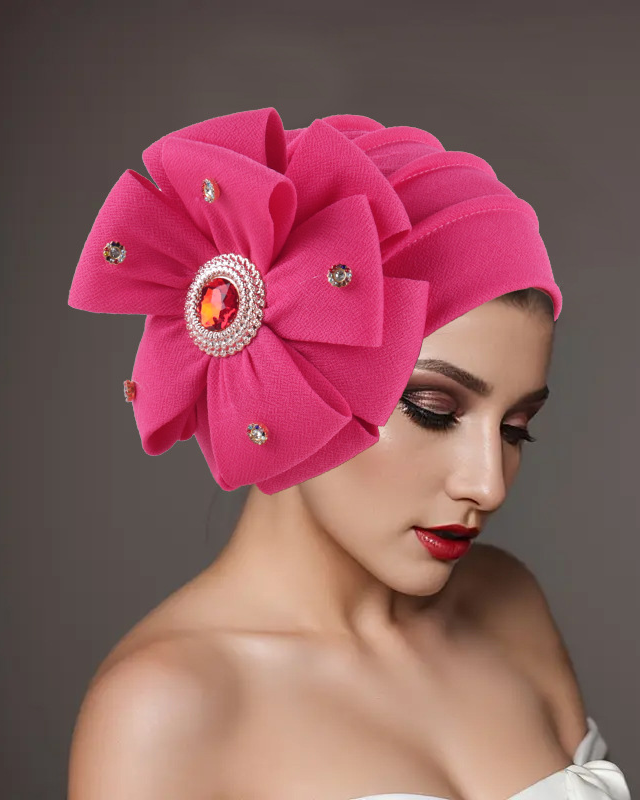 Rhinestone-Embellished Oversized Floral Turban Hat