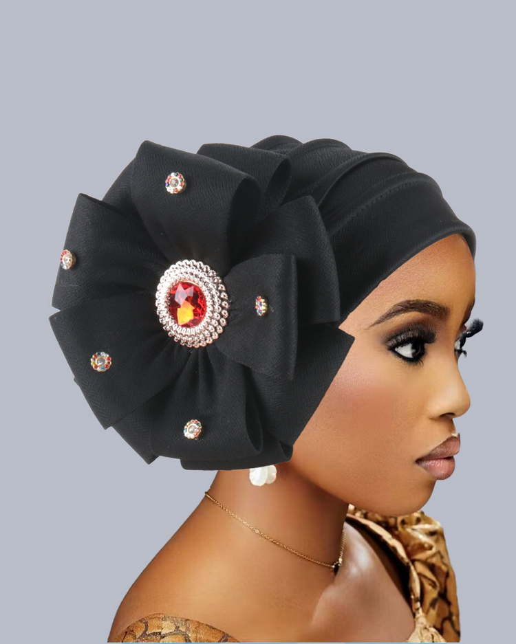 Rhinestone-Embellished Oversized Floral Turban Hat