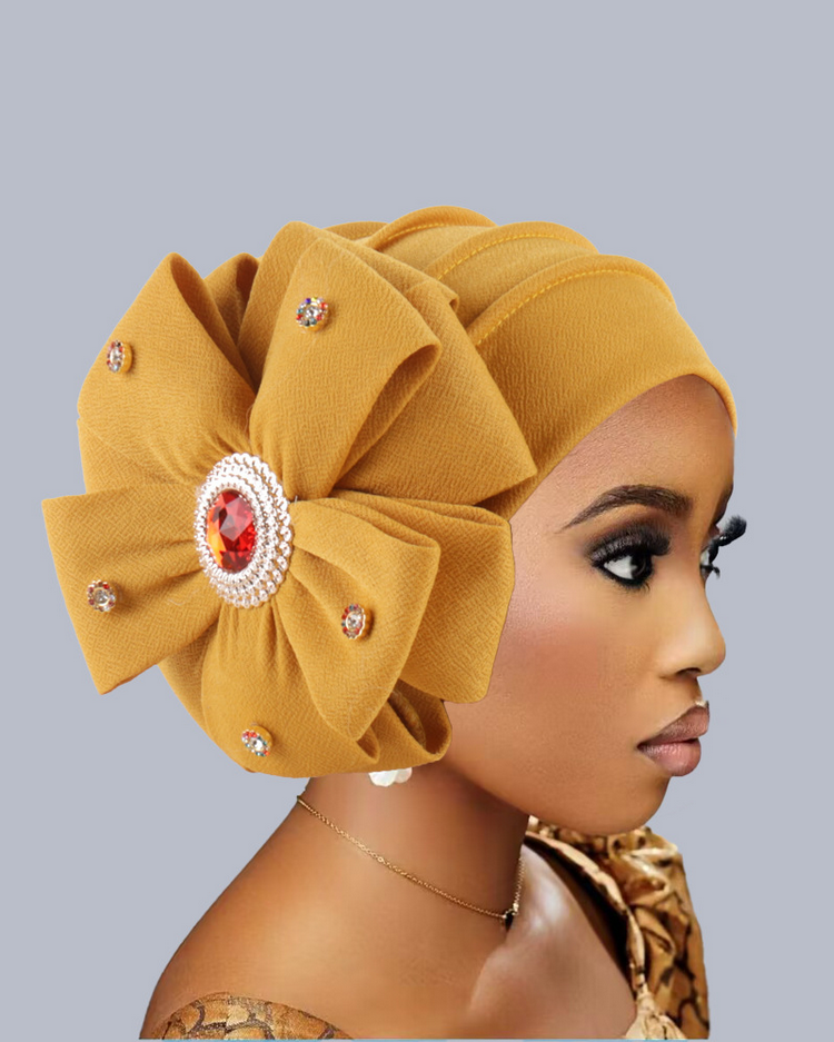 Rhinestone-Embellished Oversized Floral Turban Hat