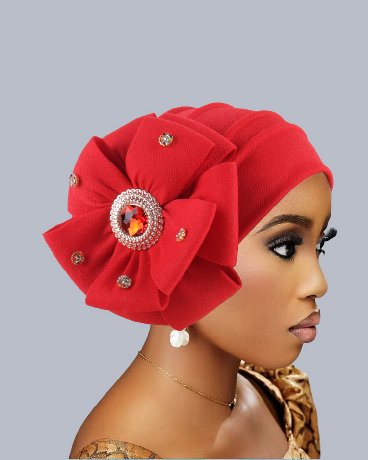 Rhinestone-Embellished Oversized Floral Turban Hat