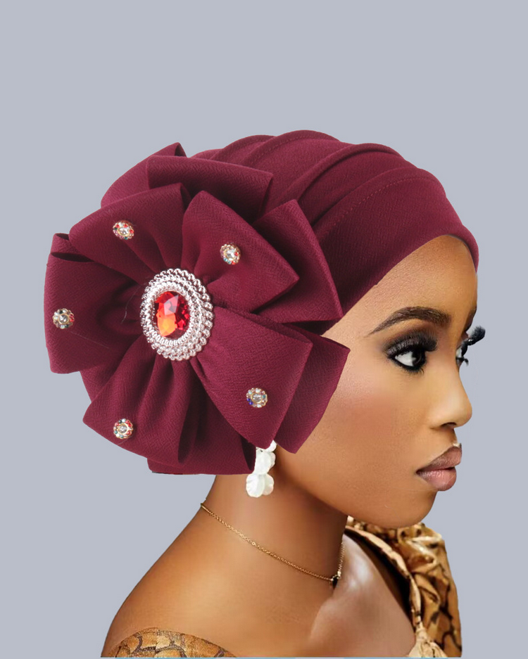 Rhinestone-Embellished Oversized Floral Turban Hat