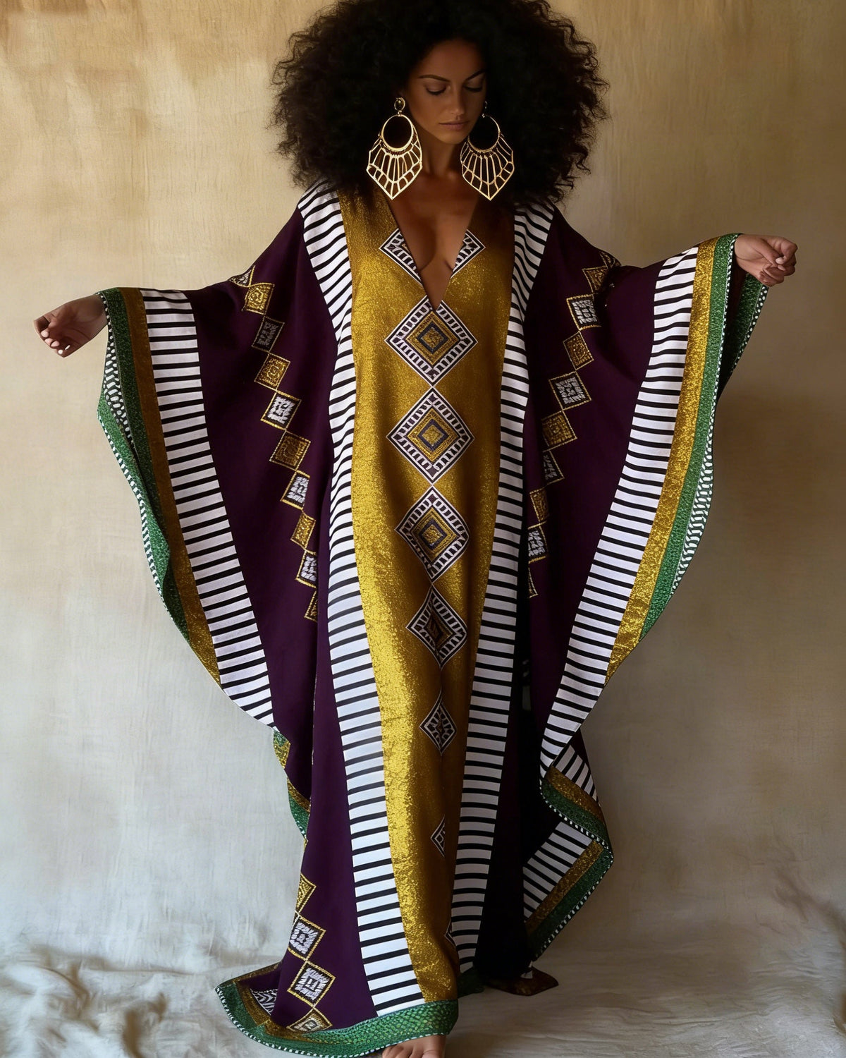 Striped Geometric Pattern Totem Print V-neck Long Kaftan Dress