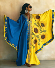 Sunflower Color Blocking Prints V-neck Long Kaftan Dress