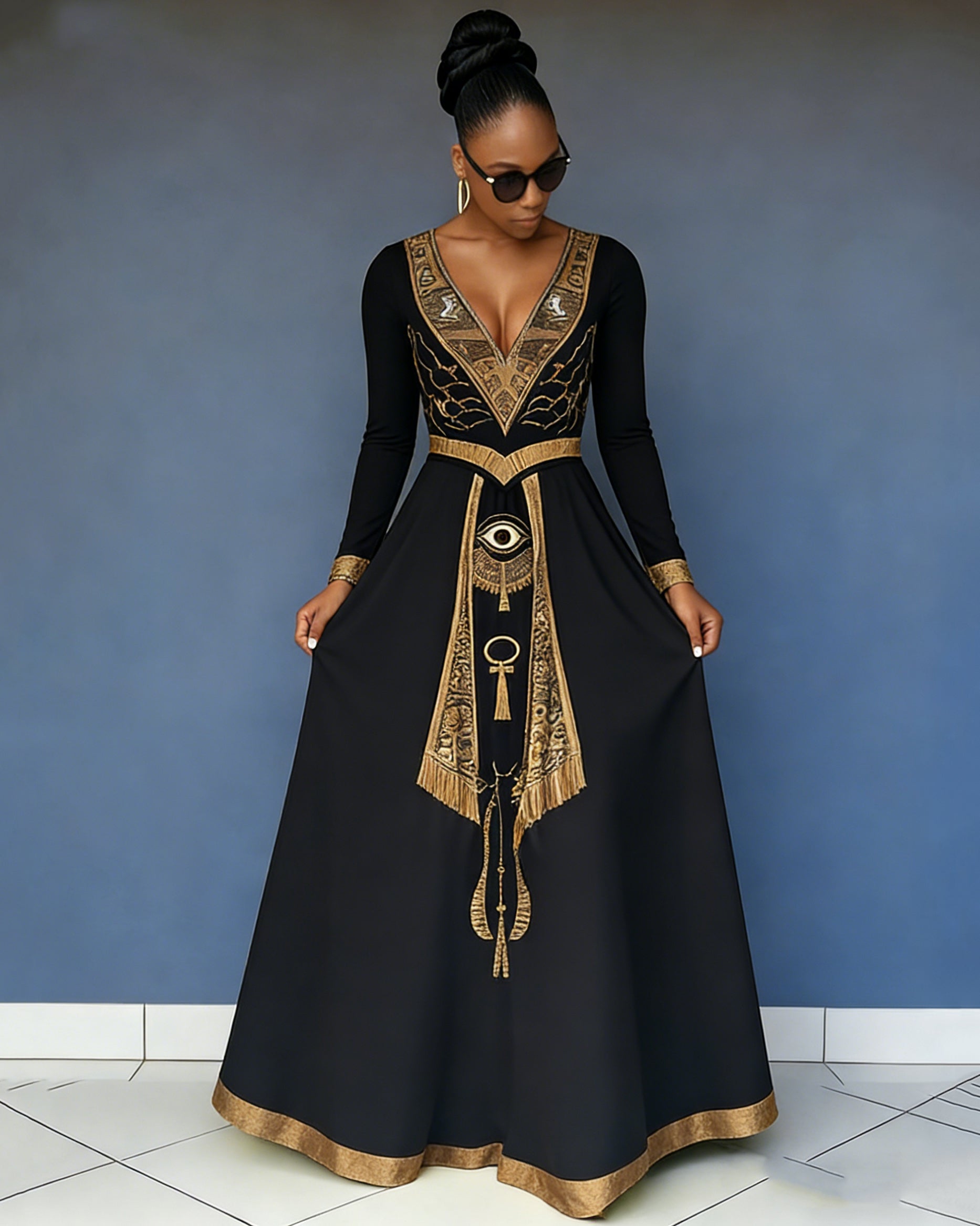 V-neck Gold Geometric Egyptian Print Pocket Maxi Dress