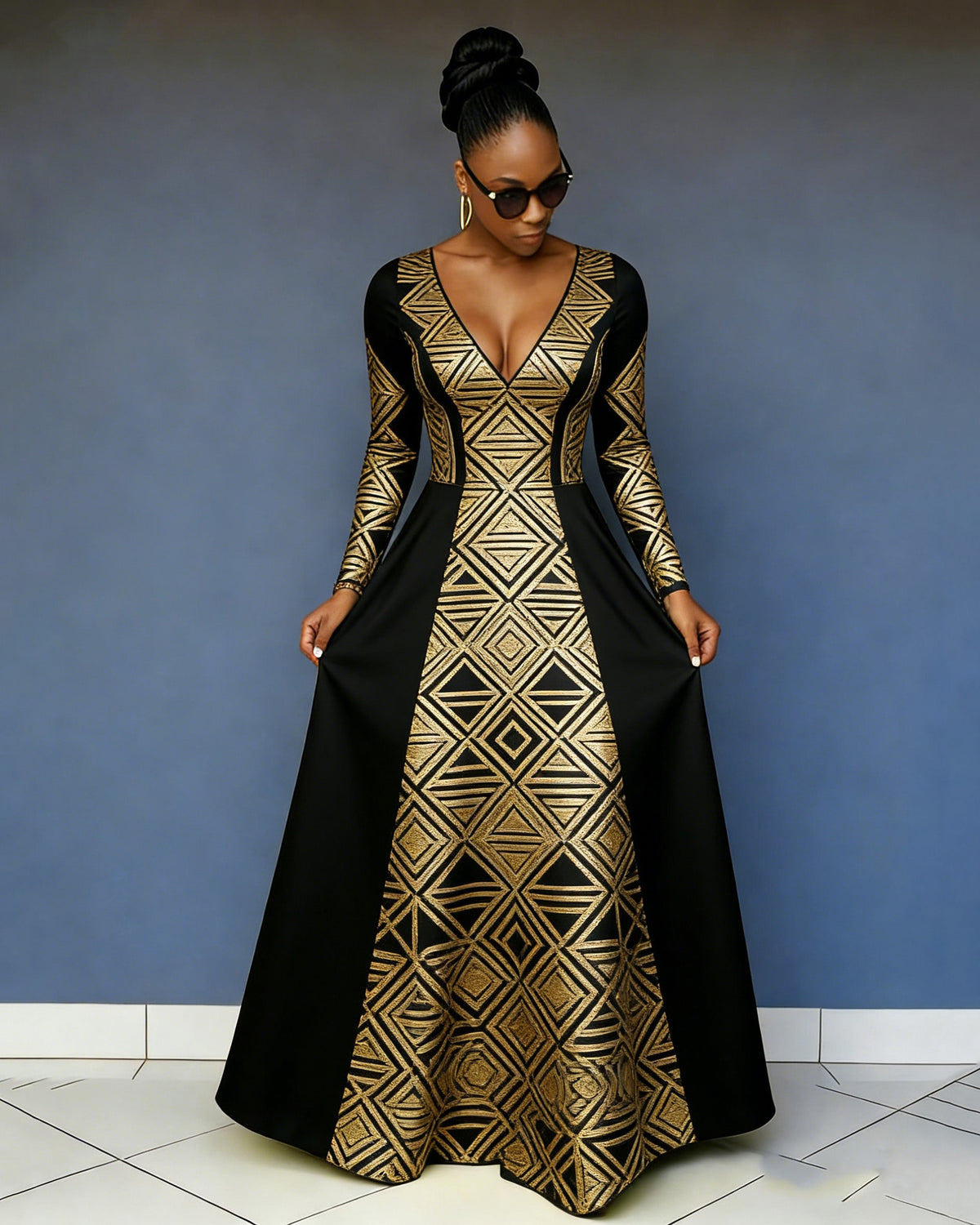 V-neck Gold Striped Pocket Maxi Dress