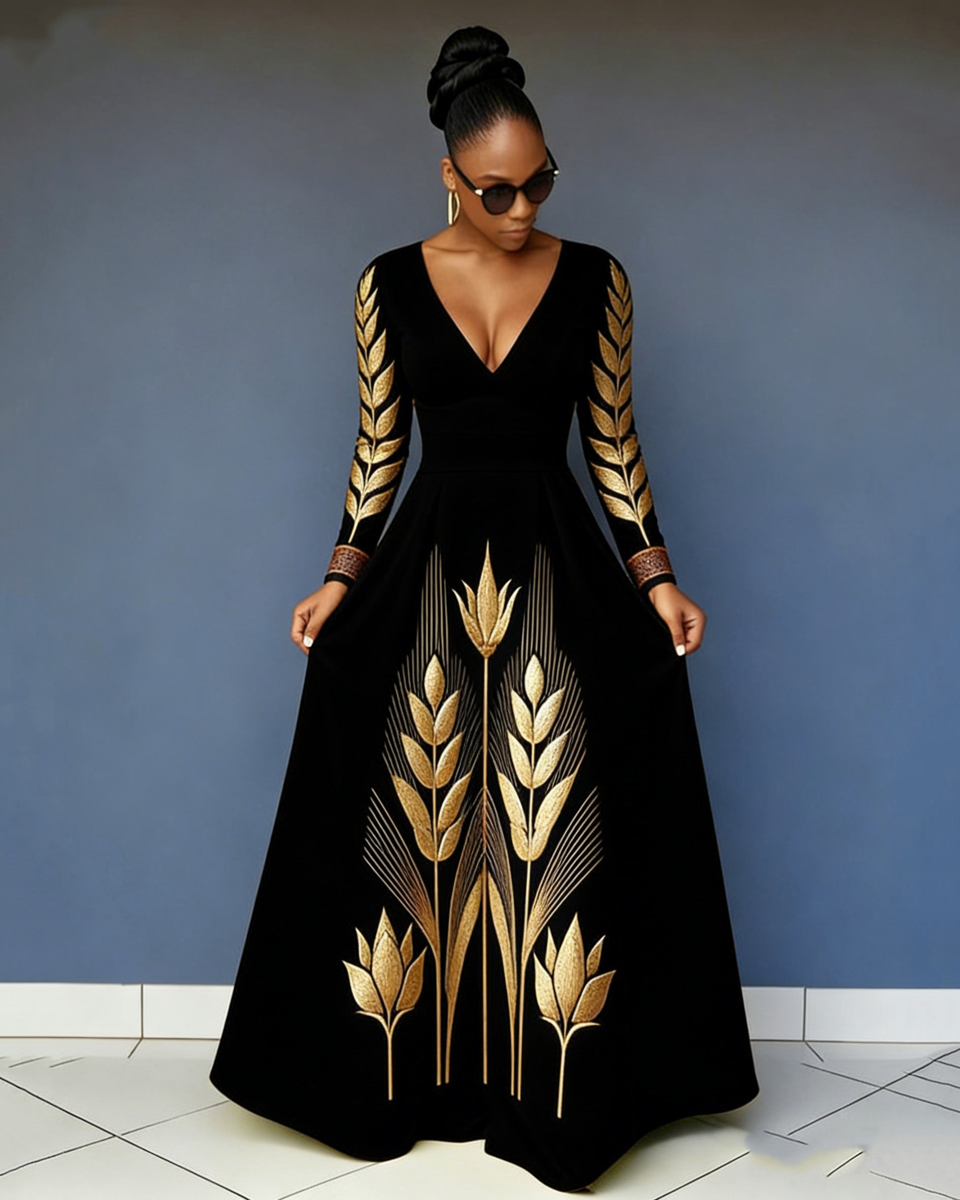 V-neck Gold Wheat Ear Print Pocket Maxi Dress