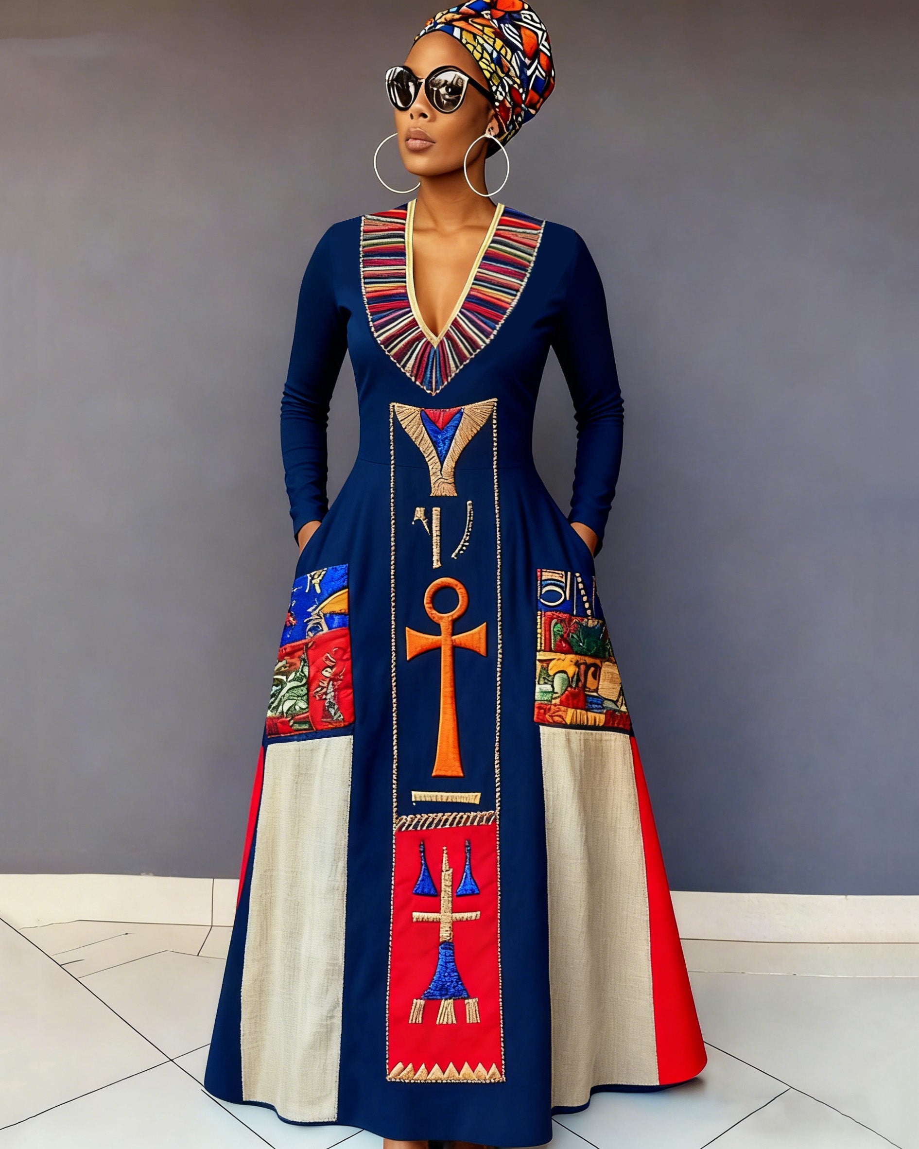 Vintage Ancient Egyptian Eye Of Horus Art Print Long-Sleeved Maxi Dress