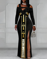 Vintage Ancient Egyptian Graphics Long Sleeve Bodycon Party Dress