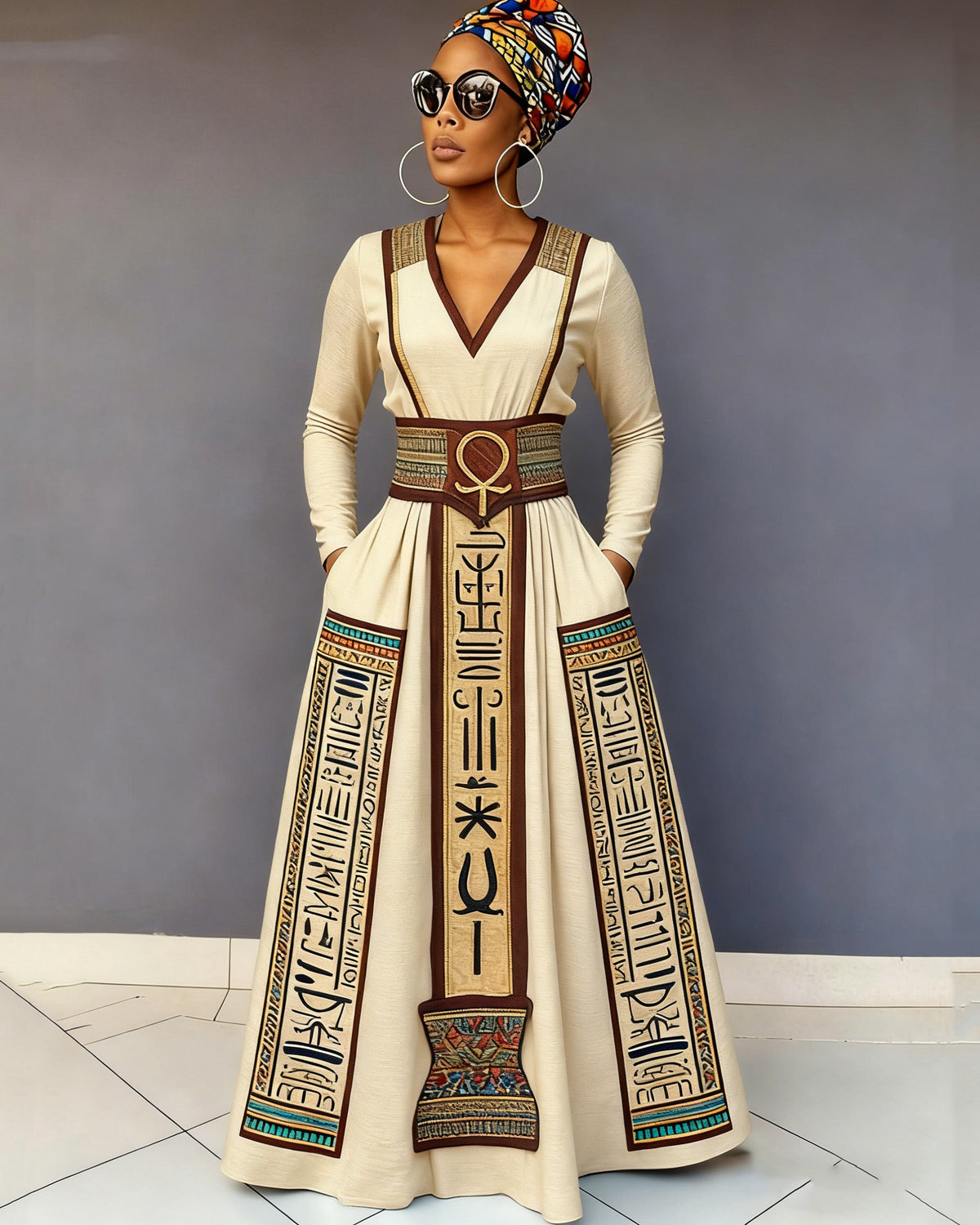 Vintage Ankh Ancient Egyptian Print Long-Sleeved Maxi Dress