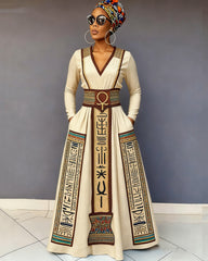 Vintage Ankh Ancient Egyptian Print Long-Sleeved Maxi Dress