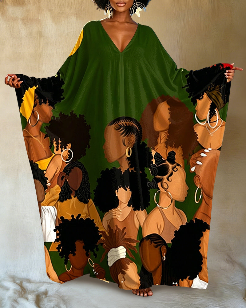 We Are Together Print V-neck Long Kaftan Dress-Juneteenth,Black Independence Day,Reggae Lover,Black Lives Matter
