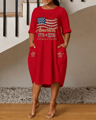 Women's America 250th Anniversary Round Neck Side Pockets & 3/4 Sleeves Midi Dress
