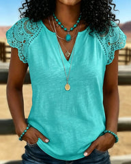 Women's Casual Lace-trimmed Sleeve T-shirt