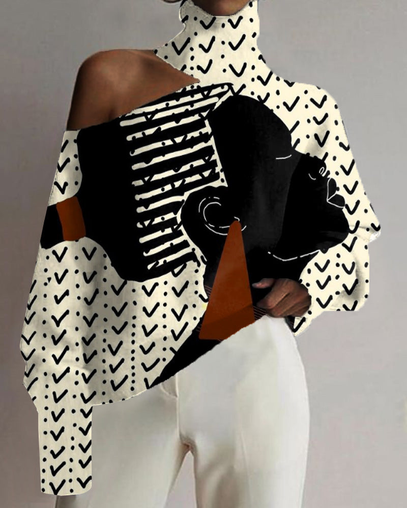 Artistic Colorblock Black Head Print Hollow Turtleneck Top