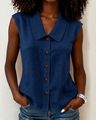 Simple Doll Collar Button Down Sleeveless Cotton Linen Shirt