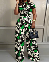 Flower Geometric Art 2pcs Set Wide Leg Jumpsuit