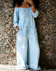 Women's Casual Long-sleeved Washed Cotton Denim Jumpsuit