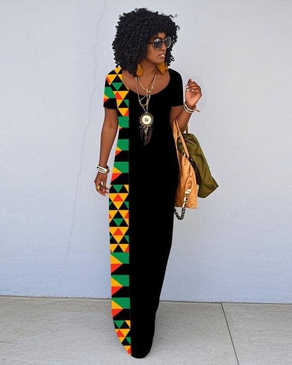 Geometric Color Contrast Short Sleeve Crewneck Maxi Dress