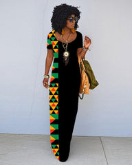 Geometric Color Contrast Short Sleeve Crewneck Maxi Dress