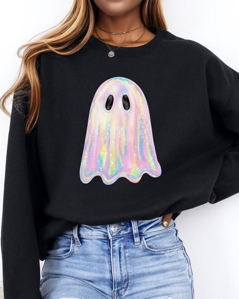 Sparkling Ghost Halloween Print Cotton Long Sleeve Sweatshirt
