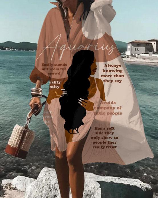Lapel Aquarius Girly Season Loose Long Sleeve Shirt Dress
