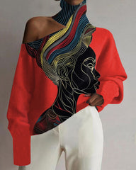 Black Personality Color Matching Line Hollow High Collar Women's Top