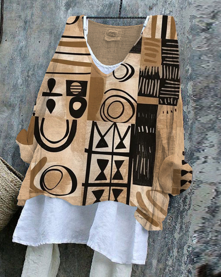 Abstract Tribal Art Print Patchwork Tunic Shirt