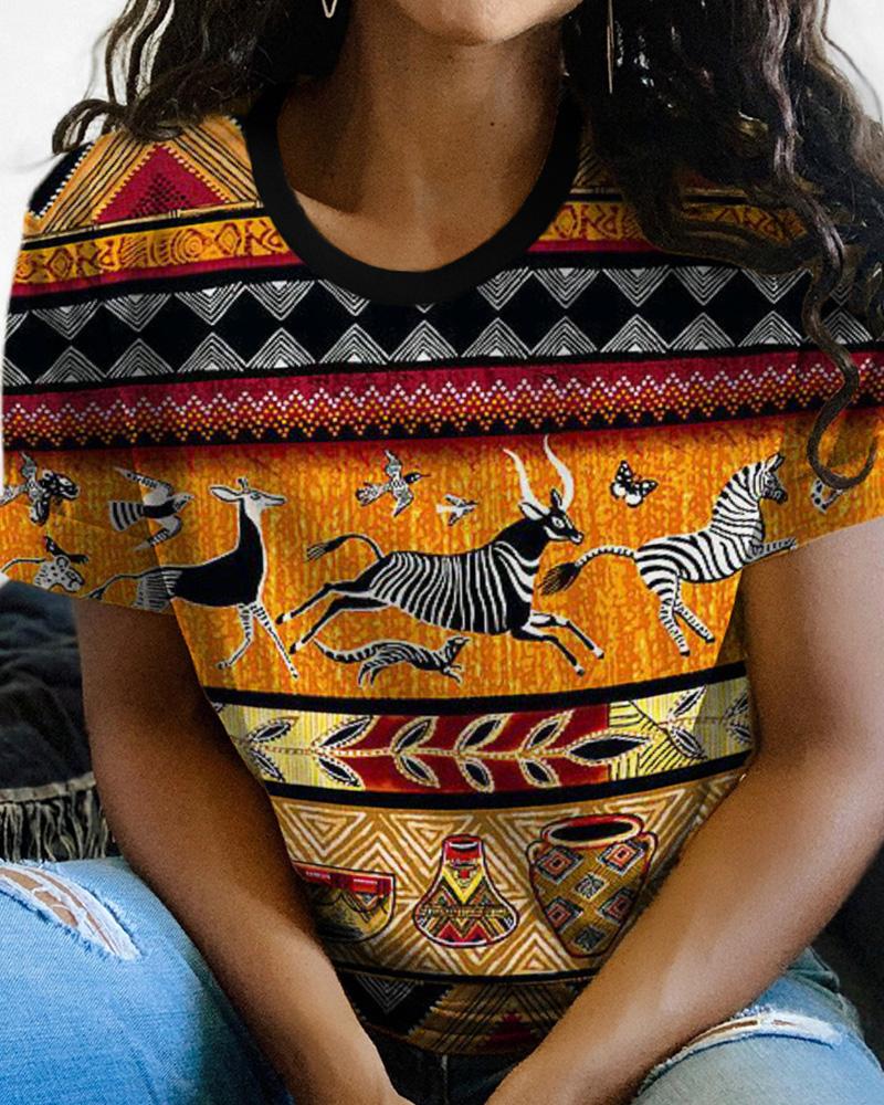 African Vintage Print Round Neck Short Sleeve T-Shirt