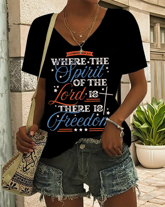 Vintage Christian 4th of July America V Neck Short Sleeve Cotton T-shirt