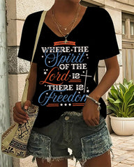 Vintage Christian 4th of July America V Neck Short Sleeve Cotton T-shirt