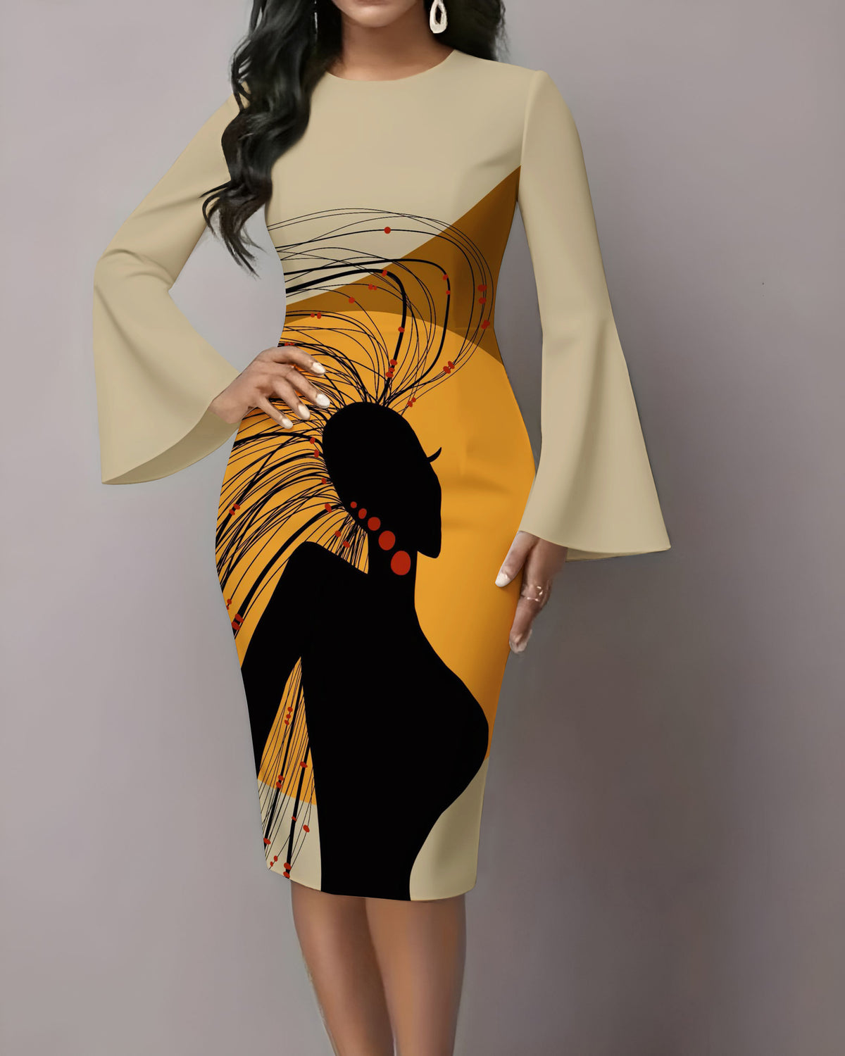African Woman Painting Flared Sleeves Midi Bodycon Dresses