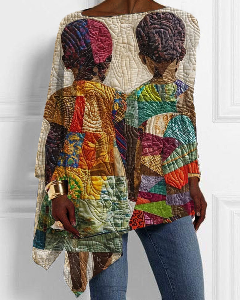 Vintage Ethnic Style Black Kid Print Irregular Top