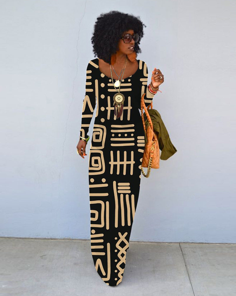 Retro Tribal Print Crew Neck Long Sleeve Dress