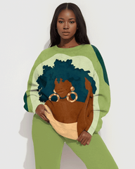 Afro Girl with Earrings Print Long Sleeve Sweatshirt Two Pieces Set