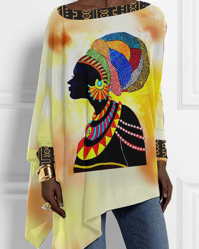 Women Tribal Color Block Printed Bat Sleeve T Shirt