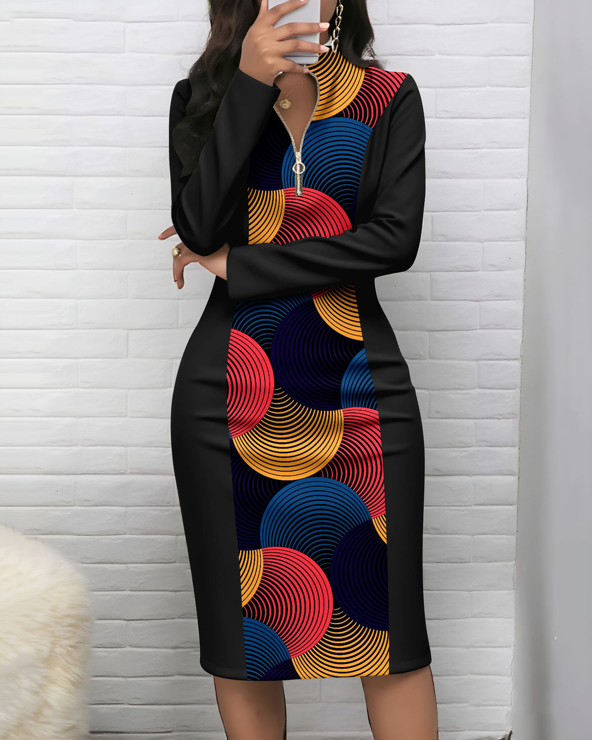 Colorful Wavy Stripes Zipper Stand Collar Long Sleeve Bodycon Dress