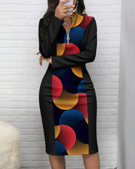 Colorful Wavy Stripes Zipper Stand Collar Long Sleeve Bodycon Dress