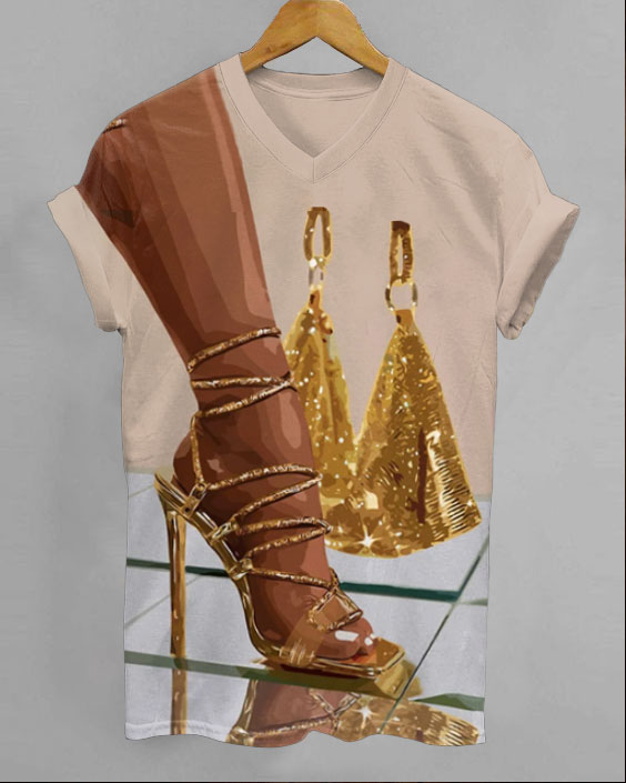 Gold High Heels Bag V-neck Short Sleeve Tshirt