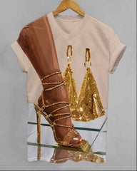 Gold High Heels Bag V-neck Short Sleeve Tshirt