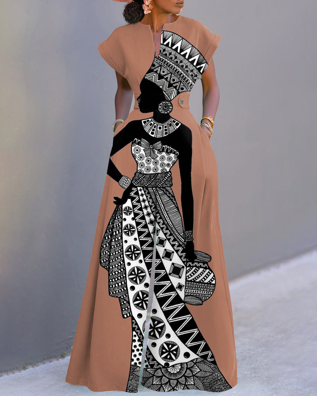 Black Tribal Illustration Neckline Batwing Sleeve Wide Leg Jumpsuit