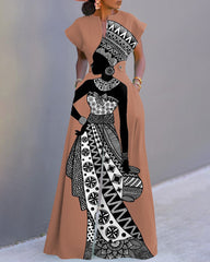 Black Tribal Illustration Neckline Batwing Sleeve Wide Leg Jumpsuit