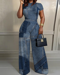 Denim Patch Print 2pcs Set Wide Leg Jumpsuit